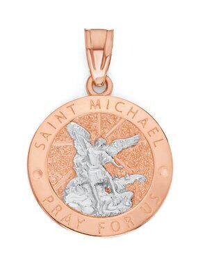 Solid 10k Rose Gold Two-Tone Saint Michael Medallion - Religious Jewelry for Her